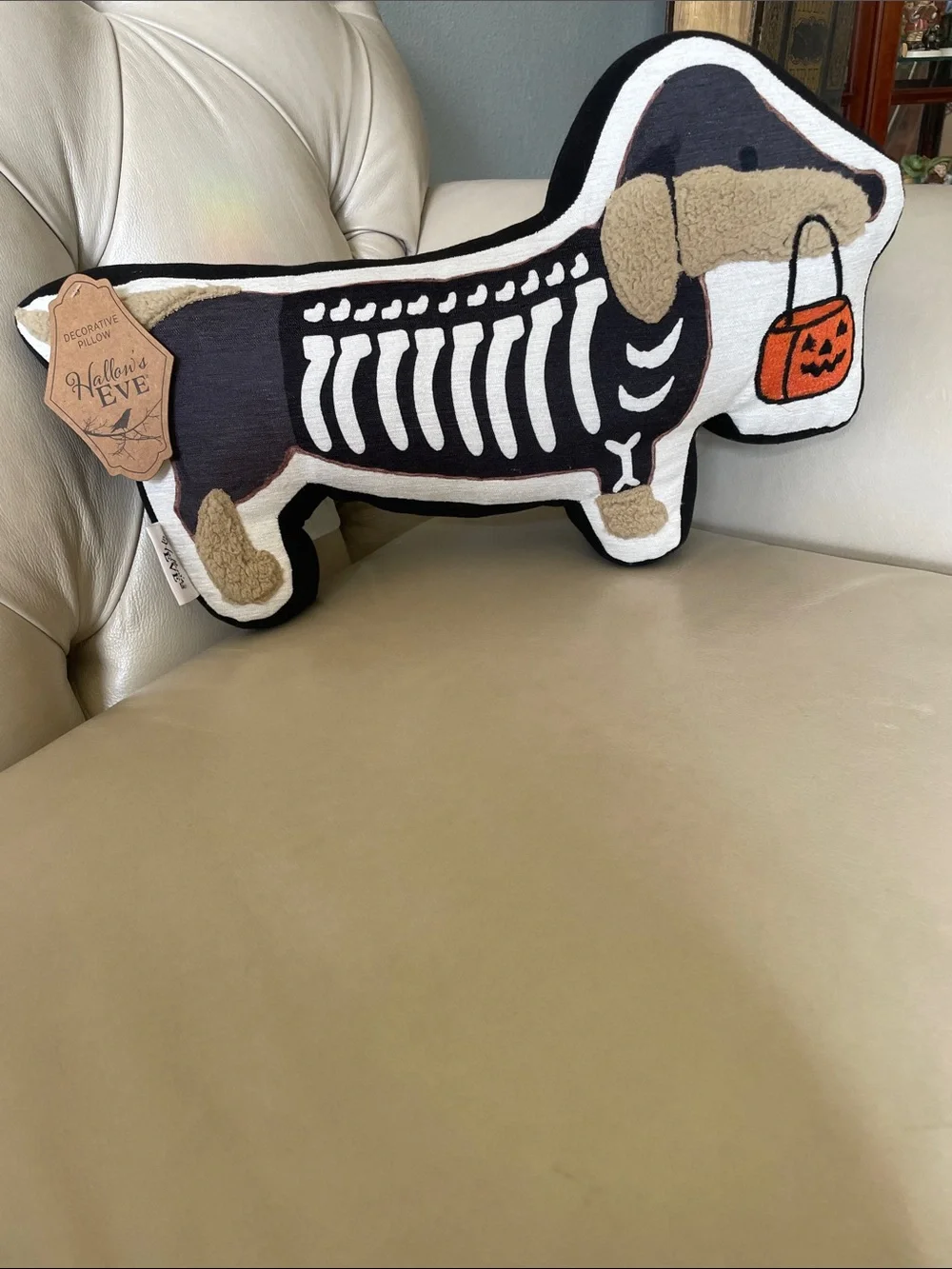 Halloween Dachshund Skeleton Decorative Pillow - Black, White & Orange